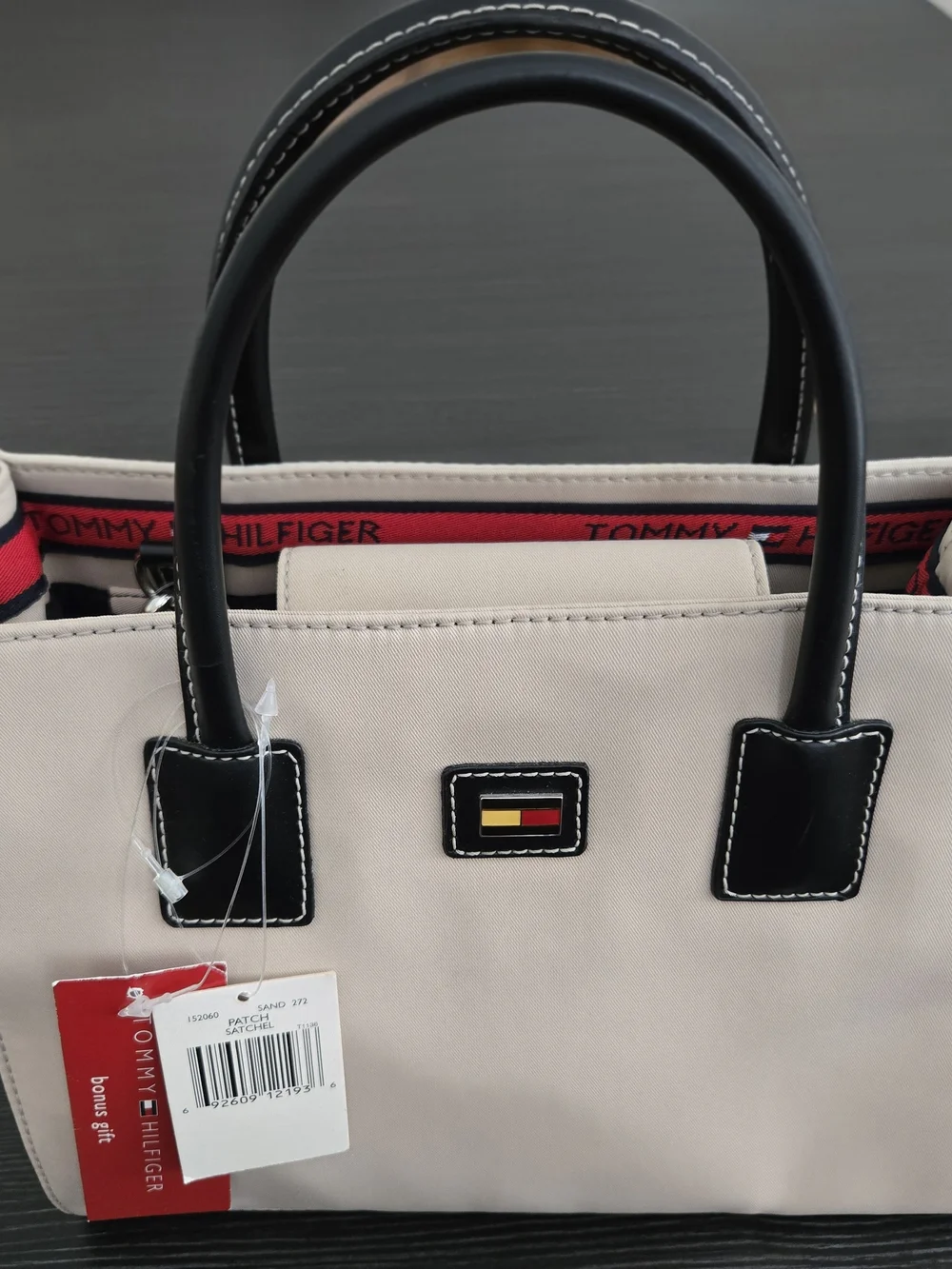 Tommy Hilfiger Beige and Black Satchel with Red Trim